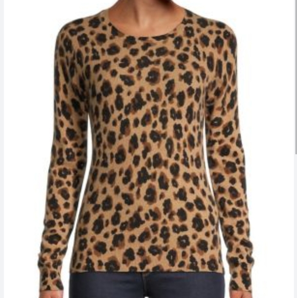 Lord & Taylor Leopard Print 100% Cashmere Crew Neck Sweater - Picture 2 of 10